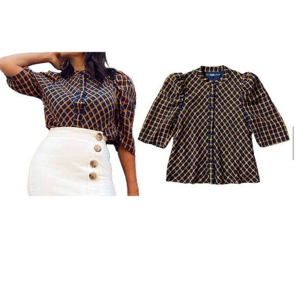 Anthropologie Eva Franco Textured Plaid Blouse Size 4 - Picture 1 of 16